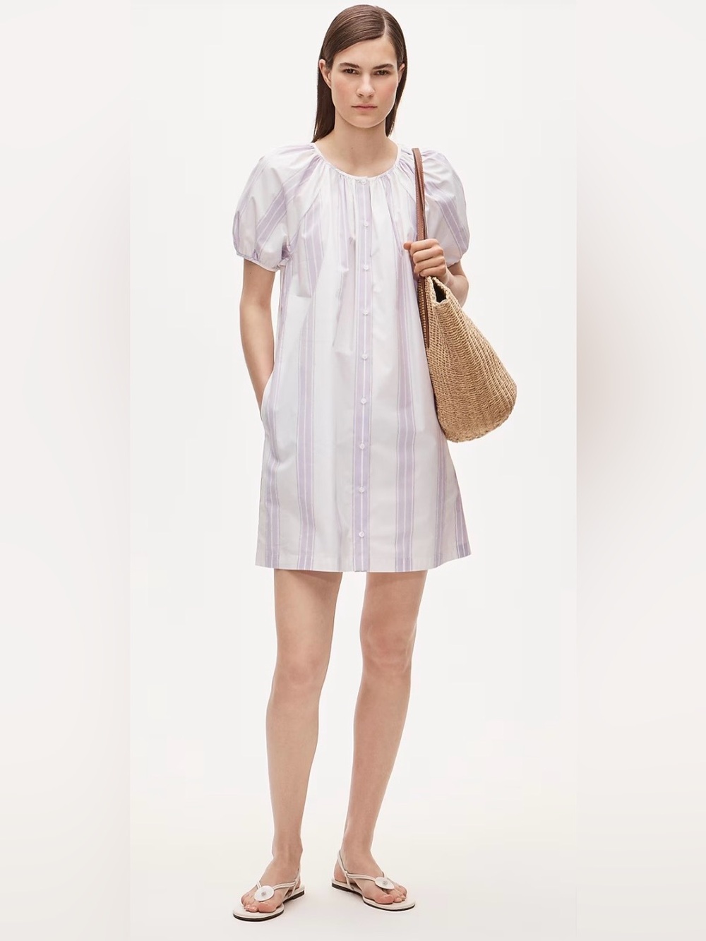 J.Crew Puff-Sleeve Popover Dress in Striped Cotton Poplin White Lilac Size Large